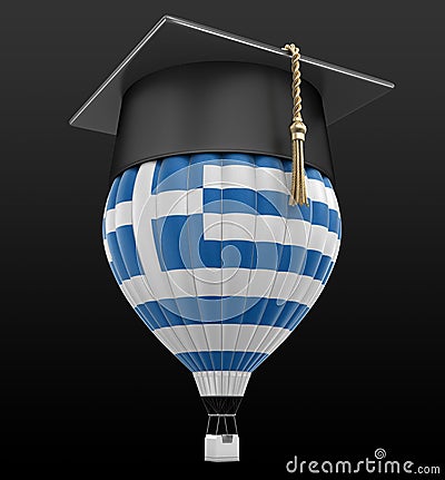 Hot Air Balloon with Greek Flag and Graduation cap Stock Photo