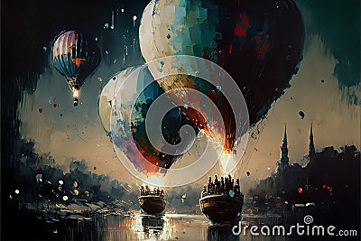 Hot air balloon over the lake vintage abstract acryl painting.Generative ai Stock Photo