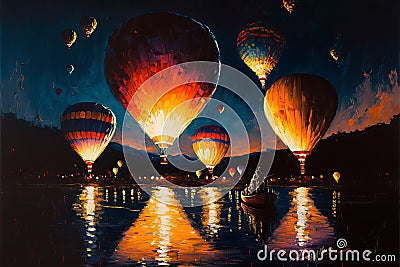 Hot air balloon over the lake vintage abstract acryl painting.Generative ai Stock Photo