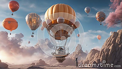 hot air balloon over region country A space adventurer in a suit and a mask rides on a big balloon that is propelled by rockets Stock Photo