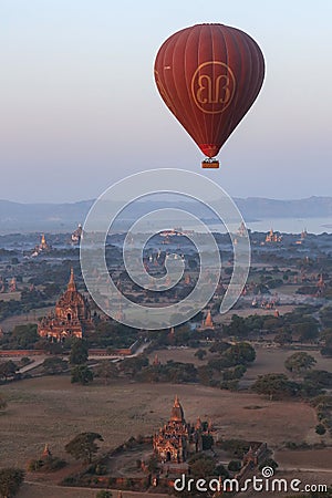 Hot Air Balloon over the temples of Bagan - Myanmar Editorial Stock Photo