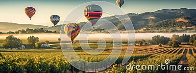 Five Beautiful Hot Air Balloons Ride Over Napa Valley, California, United States Banner - Generative AI Stock Photo