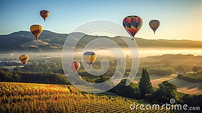 Seven Hot Air Balloon Ride Over Beautiful Napa Valley, California, United States - Generative AI Stock Photo