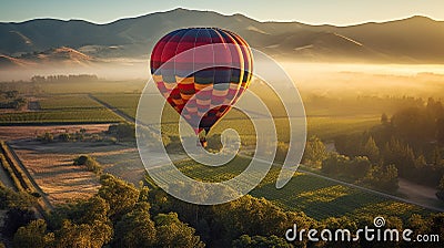 Foggy Hot Air Balloon Ride Over Beautiful Napa Valley, California, United States - Generative AI Stock Photo