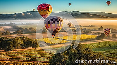 Seven Hot Air Balloon Ride Over Beautiful Napa Valley, California, United States - Generative AI Stock Photo