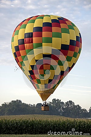 Hot air balloon rising above a corn field Stock Photo