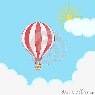 Hot air balloon, sky, clouds, sun Vector Illustration