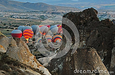 Hot-air balloon starting Stock Photo