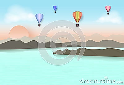 Hot air balloon travel in blue sky over the lake and mountain Vector Illustration