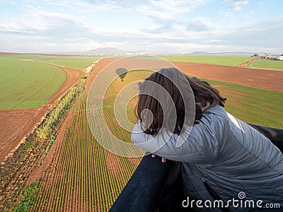 Hot air balloon watching the balloon shadow Stock Photo