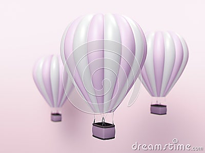 Hot air balloon white and pink stripes, colorful aerostat on blue background. 3d render Cartoon Illustration