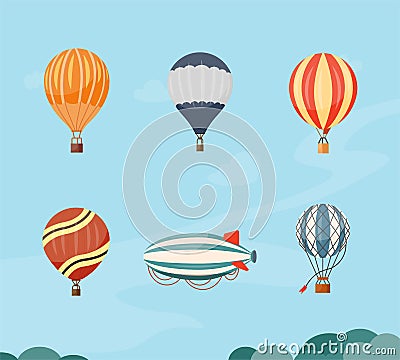 Hot air balloons and airship vector illustration travel. Summer ballooning adventure cartoon hotair freedom. Vector Illustration