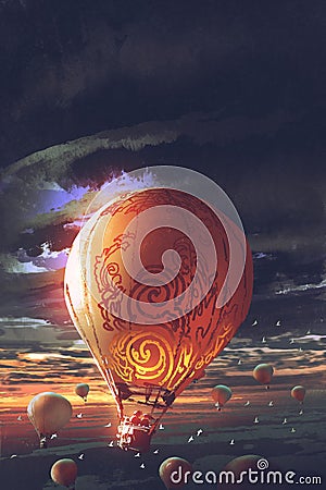 Hot air balloons floating in the sky at sunset Cartoon Illustration