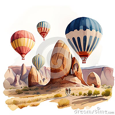 Hot air balloons flying over Cappadocia, Turkey. Watercolor illustration Cartoon Illustration