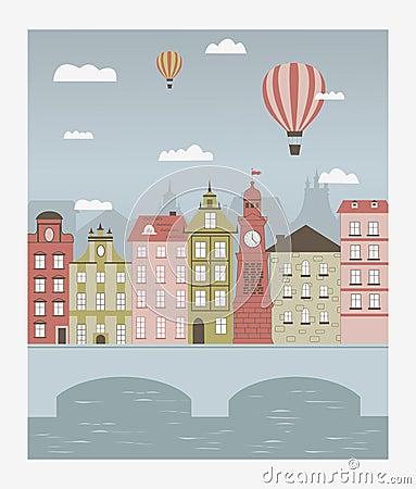 Hot air balloons flying over the little town. Vector Illustration