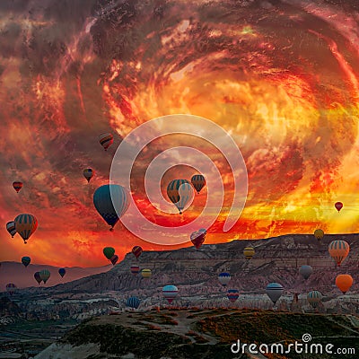 Hot Air balloons flying tour over Mountains landscape spring sunrice hurricane fantastic sky Stock Photo