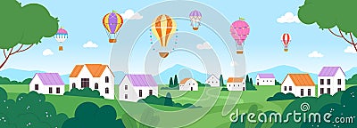 Hot air balloons landscape. Village in valley with cute white houses at mountains. Cozy rural panoramic landscape Vector Illustration