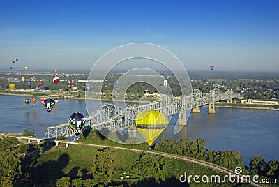 Hot Air Balloons Over Mississippi River Stock Photo