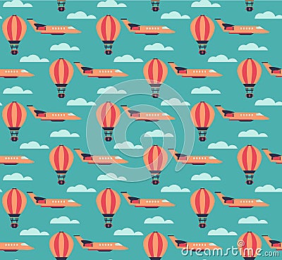 Hot air balloons and planes pattern Vector Illustration