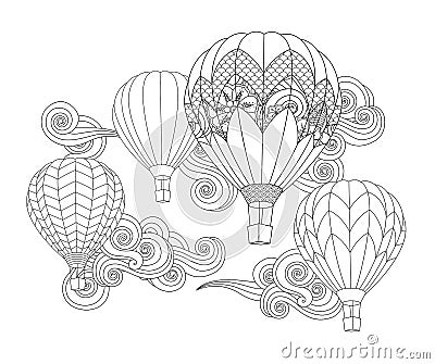 Hot air balloons in the sky. Zentangle inspired doodle style isolated on white. Vector Illustration