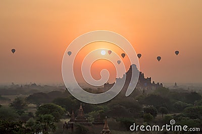 Hot air balloons at sunrise at Bagan temple, Burma, Myanmar Stock Photo