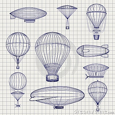 Hot air balloons and zeppelins sketch Vector Illustration