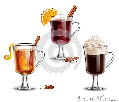 Hot alcohol drinks. Mulled wine, grog, irish Ñoffee Vector Illustration