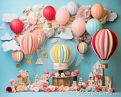 hot balloon cake smash backdrop is made to celebrate your little one's first birthday. Cartoon Illustration