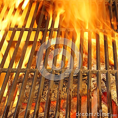 Hot BBQ Grill, Bright Flames and Burning Coals. Stock Photo