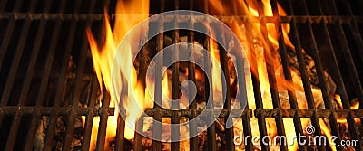 Hot BBQ Grill, Bright Flames and Burning Coals. Stock Photo