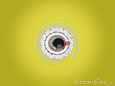 Hot Black coffee with foam in red cup and white saucer illustration top view on yellow background. Cartoon Illustration