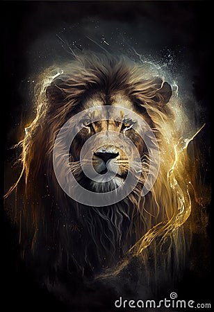 Hot burning lion head poster. AI render. Stock Photo