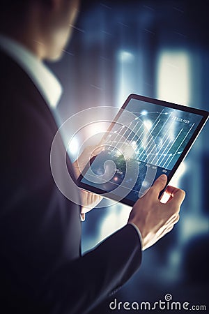 Hot business growth. Businessman using tablet analyzing sales data and economic growth graph chart AI generated Stock Photo