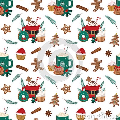 Hot cartoon winter drinks and Christmas bakery seamless pattern Vector Illustration