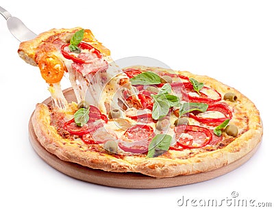 Hot cheese stringy slice lifted of full baked pizza isolated on white background Stock Photo