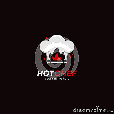 Hot chef hat logo with red fire flame icon illustration vector logo for restaurant, bistro, culinary, catering kitchen business Vector Illustration