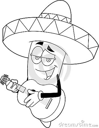 Outlined Mexican Hot Chili Pepper Cartoon Character Singing With A Guitar Vector Illustration