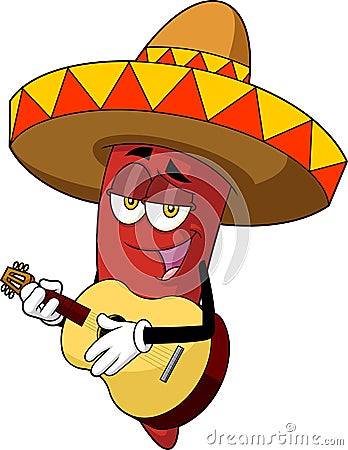 Mexican Hot Chili Pepper Cartoon Character Singing With A Guitar Vector Illustration