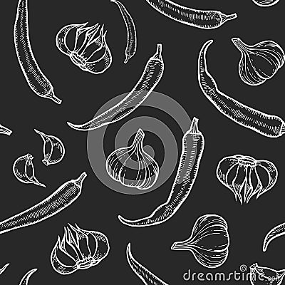 Hot chili peppers and garlic pattern Vector Illustration