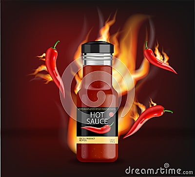 Hot chili sauce on fire vector realistic. Product placement mock up bottle. Label design advertise 3d illustrations Vector Illustration