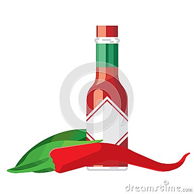 Hot chilli pepper and sauce glass bottle Vector Illustration