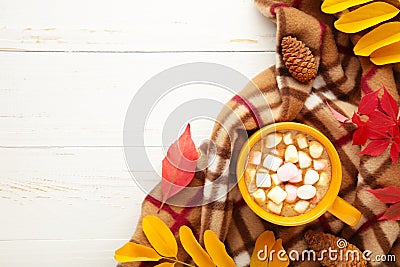 Hot chocolate and autumn leaves on white - seasonal relax concept Stock Photo