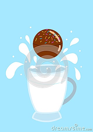 hot chocolate bomb with milk splash on a blue background and with a mug of milk Vector Illustration