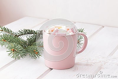 Hot chocolate coffee, cocoa with marshmallows in a pink mug Stock Photo