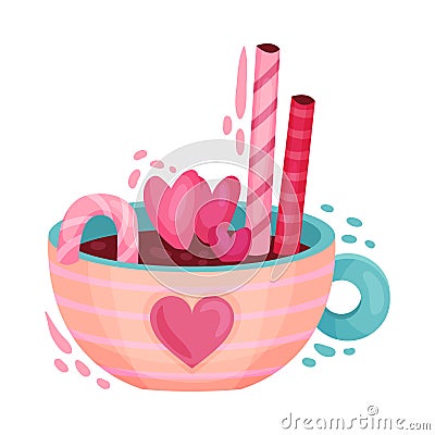 Hot Chocolate Drink with Sweet Stick and Candies as Saint Valentine Day Symbol Vector Illustration Vector Illustration