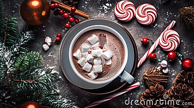 Hot chocolate with marshallows on a wooden surface with red caramel. New Year and Christmas decor and decoration. AI Stock Photo