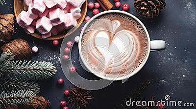 Hot chocolate with marshallows on a wooden surface with red caramel. New Year and Christmas decor and decoration. AI Stock Photo