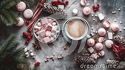 Hot chocolate with marshallows on a wooden surface with red caramel. New Year and Christmas decor and decoration. AI Stock Photo