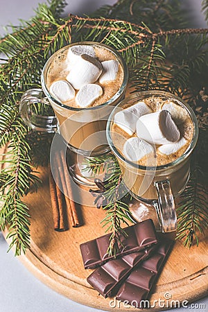 Hot chocolate with marshmallows and cinnamon in glass cups for Christmas Stock Photo