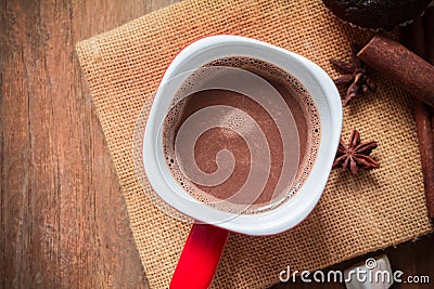 Hot chocolate with marshmallows on old wood Stock Photo